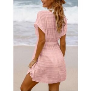 Cupshe Pink Swim Cover Up Dress V Neck Short Sleeve Beach Pool Summer L
